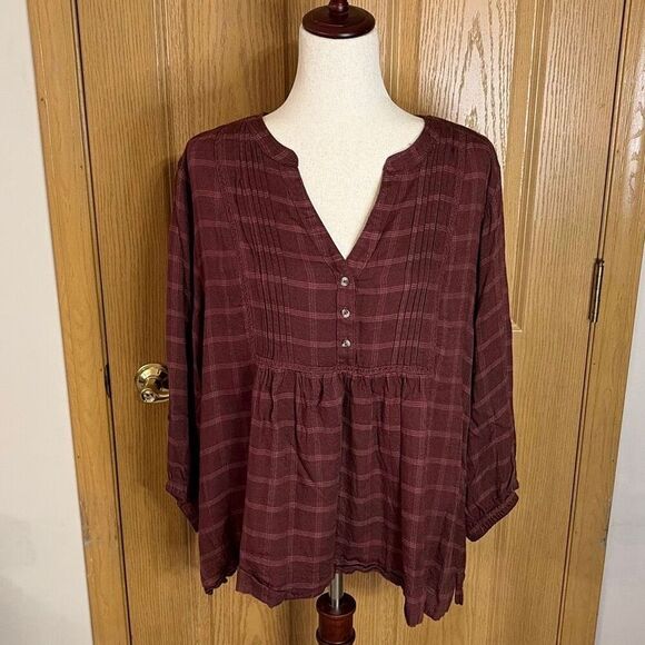 Wrangler Ladies Plaid Babydoll Top 3/4 Sleeves XL - Picture 2 of 6